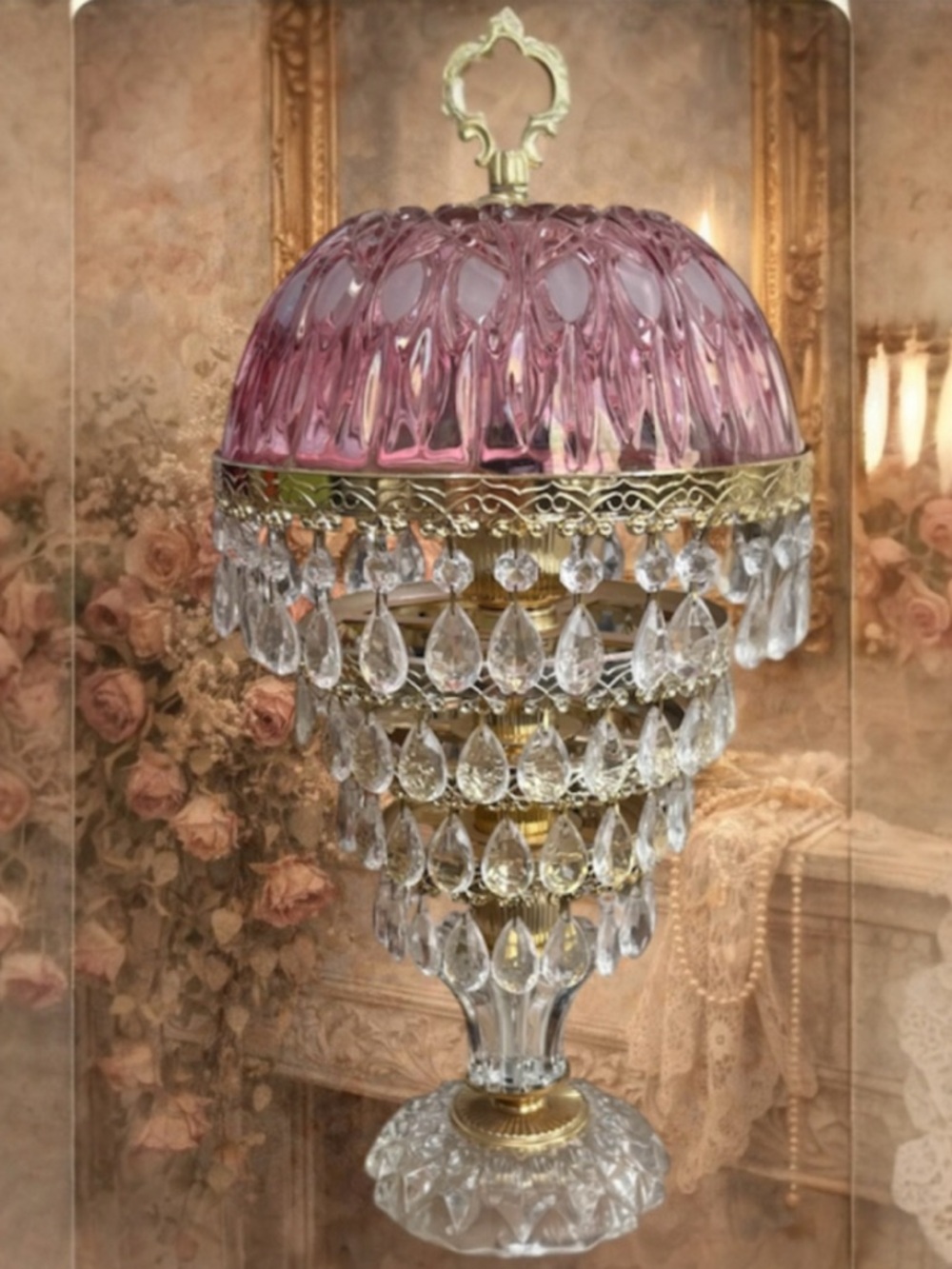 Michelotti Vintage French Boudoir Victorian Parlor Lamp Tiered Crystal Pink Gold